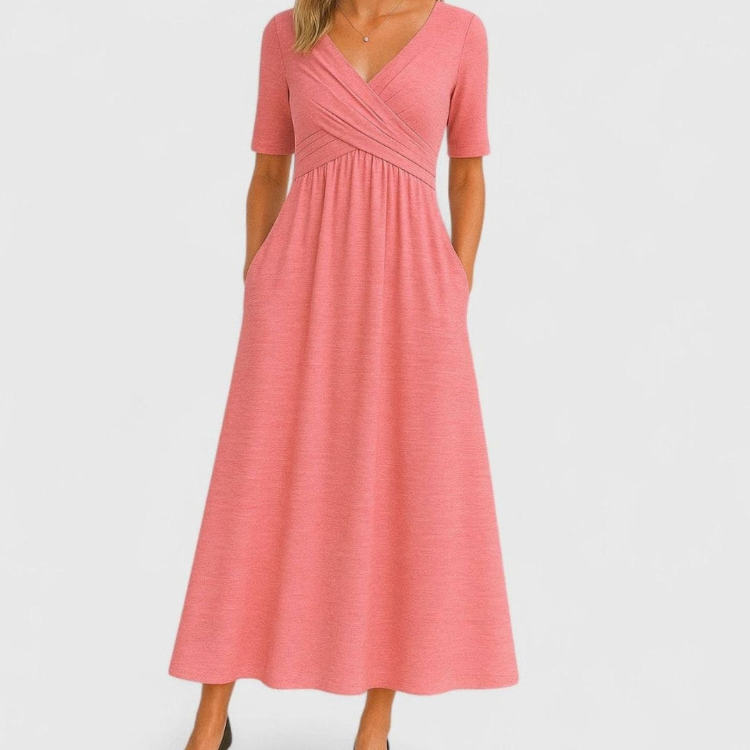 Women's Surplice V-Neck Pleated Bodice Flared Midi Dress Pockets - Pink