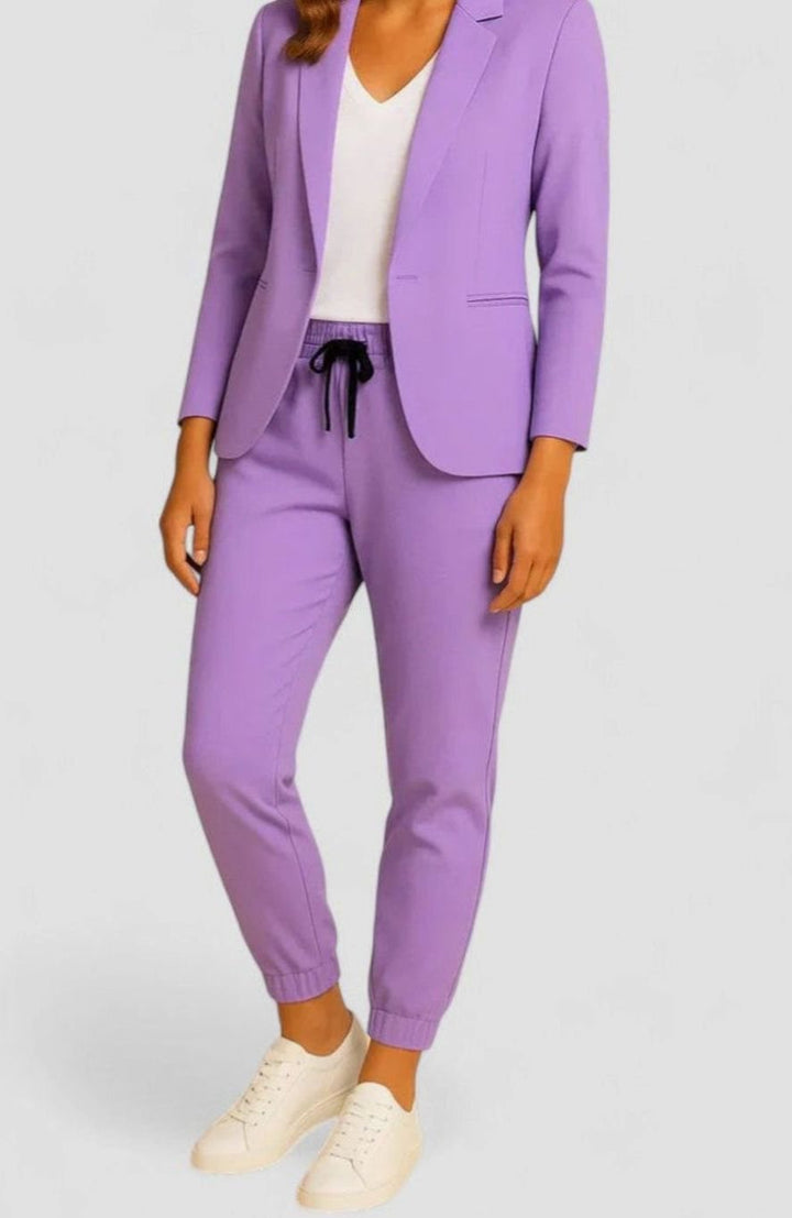 Women's Tailored Classic-Cut Jacket Drawstring Jogger Pants Set - Purple