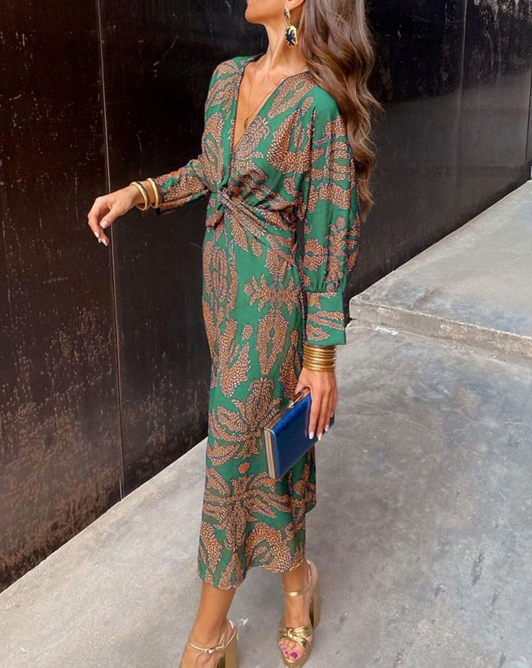 Women's V-Neck Long-Sleeve Front-Knot Paisley Maxi Dress - Green