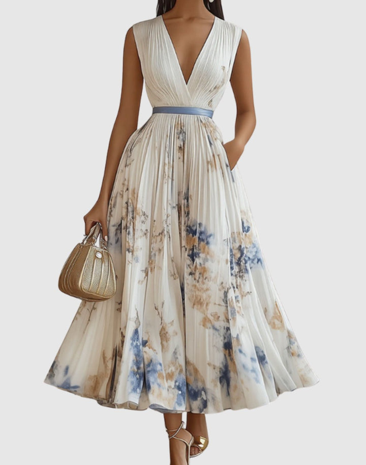 Women's V-Neck Pleated Floral Ribbon-Tie Maxi Dress - White