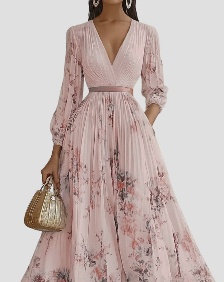 Women's V-Neck Pleated Floral Ribbon-Tie Maxi Dress