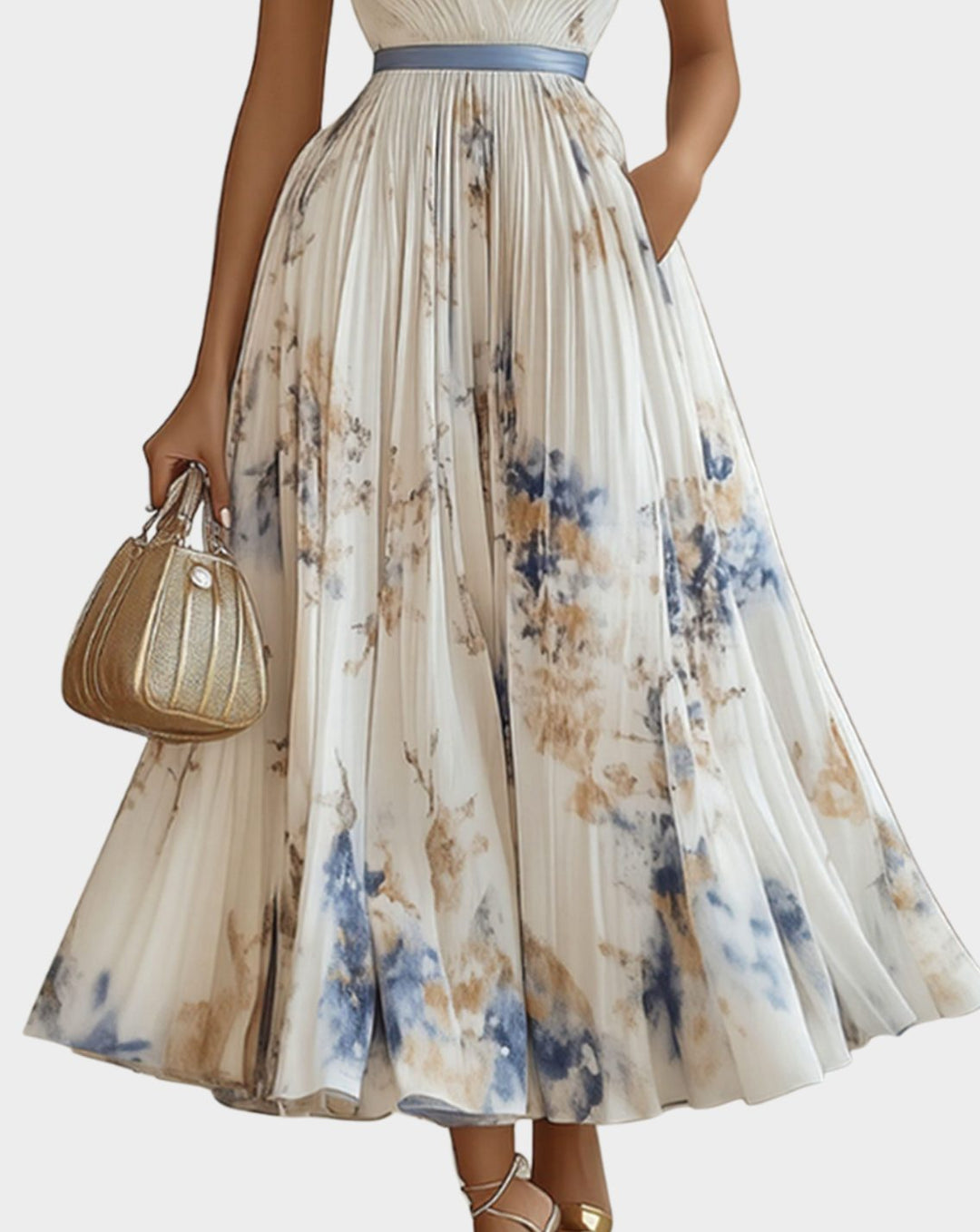Women's V-Neck Pleated Floral Ribbon-Tie Maxi Dress
