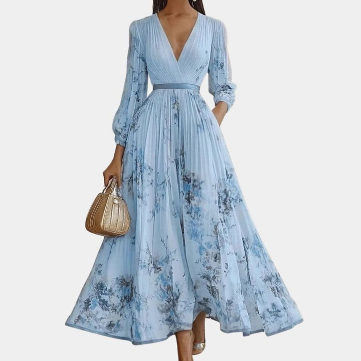 Women's V-Neck Pleated Floral Ribbon-Tie Maxi Dress