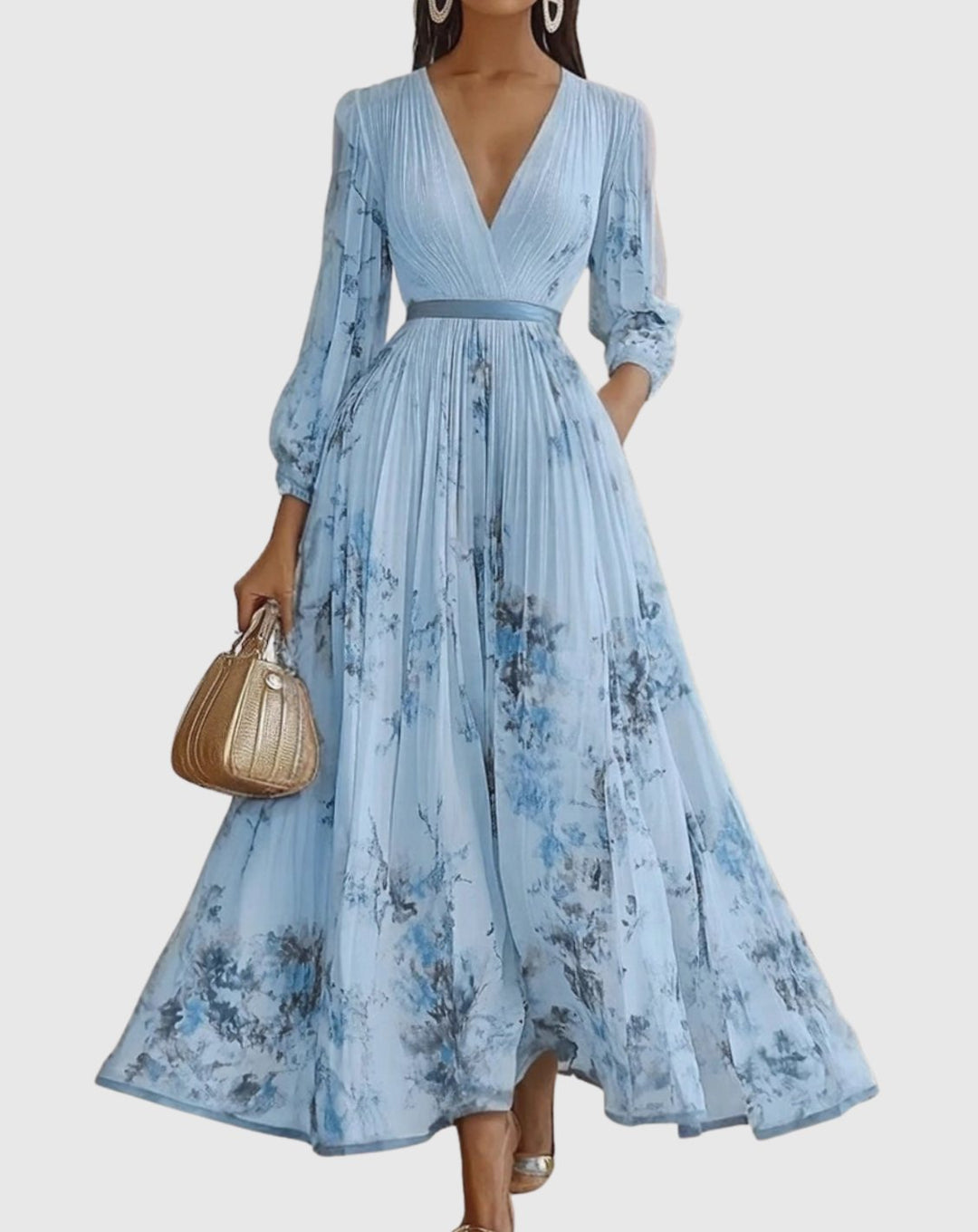 Women's V-Neck Pleated Floral Ribbon-Tie Maxi Dress