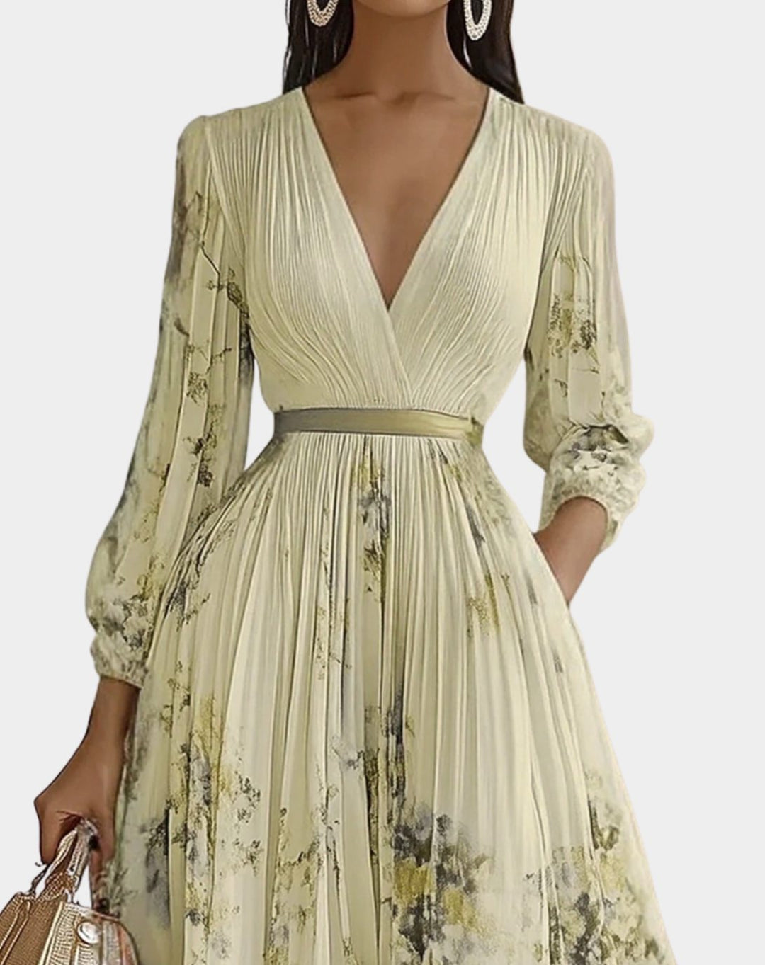 Women's V-Neck Pleated Floral Ribbon-Tie Maxi Dress
