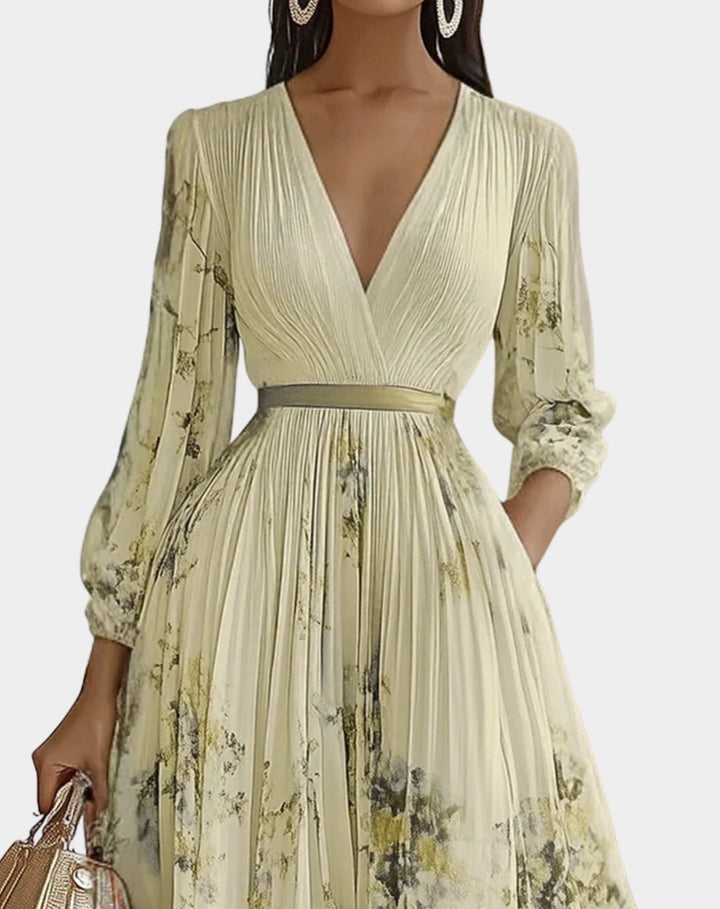 Women's V-Neck Pleated Floral Ribbon-Tie Maxi Dress