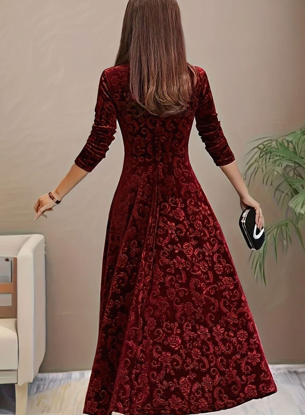 Women's Velvet Square-Neck Floral Embossed A-Line Party Dress