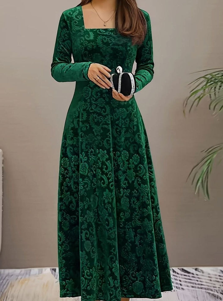 Women's Velvet Square-Neck Floral Embossed A-Line Party Dress - Green