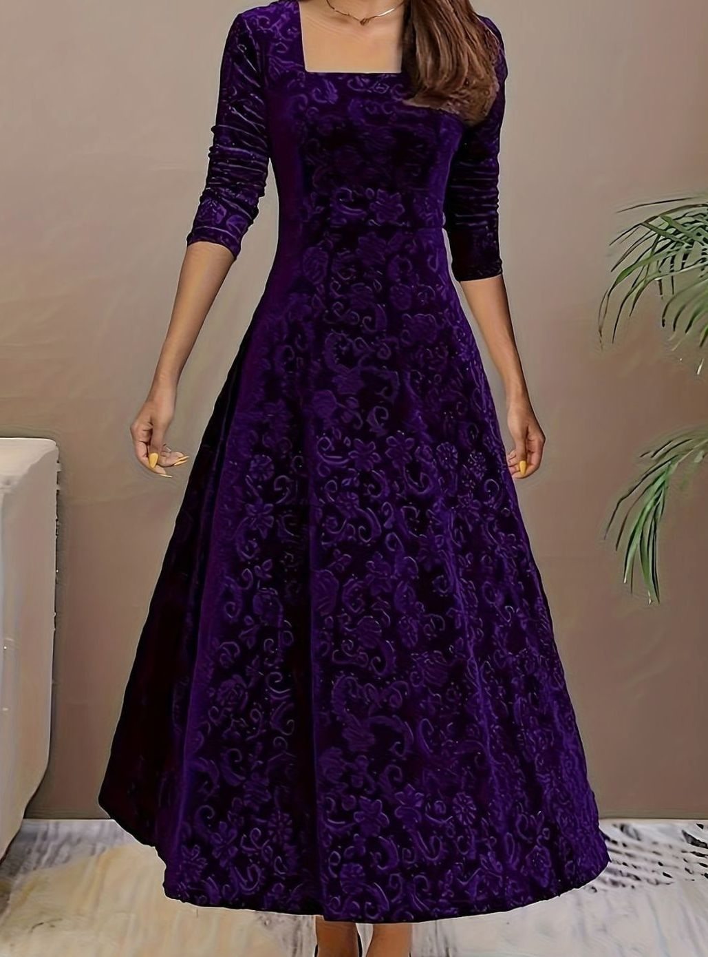 Women's Velvet Square-Neck Floral Embossed A-Line Party Dress - Purple