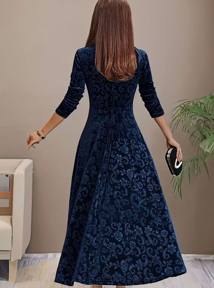Women's Velvet Square-Neck Floral Embossed A-Line Party Dress