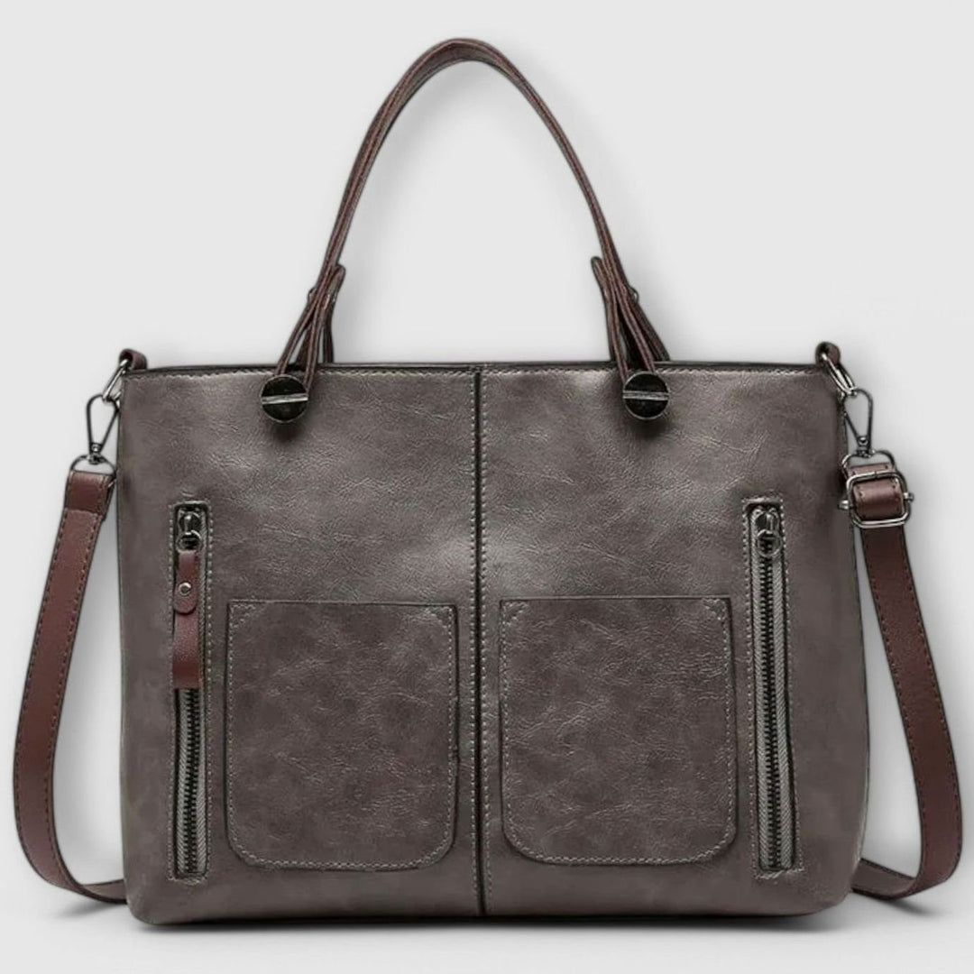 Women's Vintage-Style Convertible Leather Bag Double-Pocket Tote - Gray