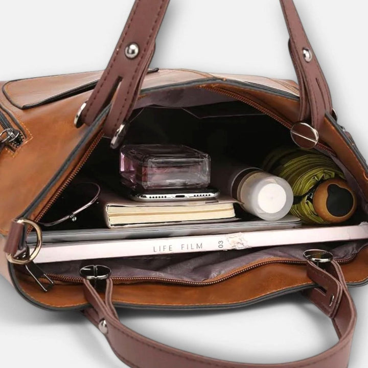 Women's Vintage-Style Convertible Leather Bag Double-Pocket Tote