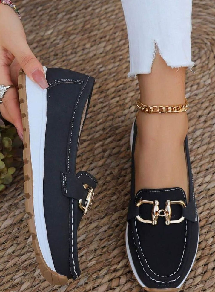 Women's Wide-Fit Orthopedic Loafers Gold-Buckle Non-Slip Rubber Sole