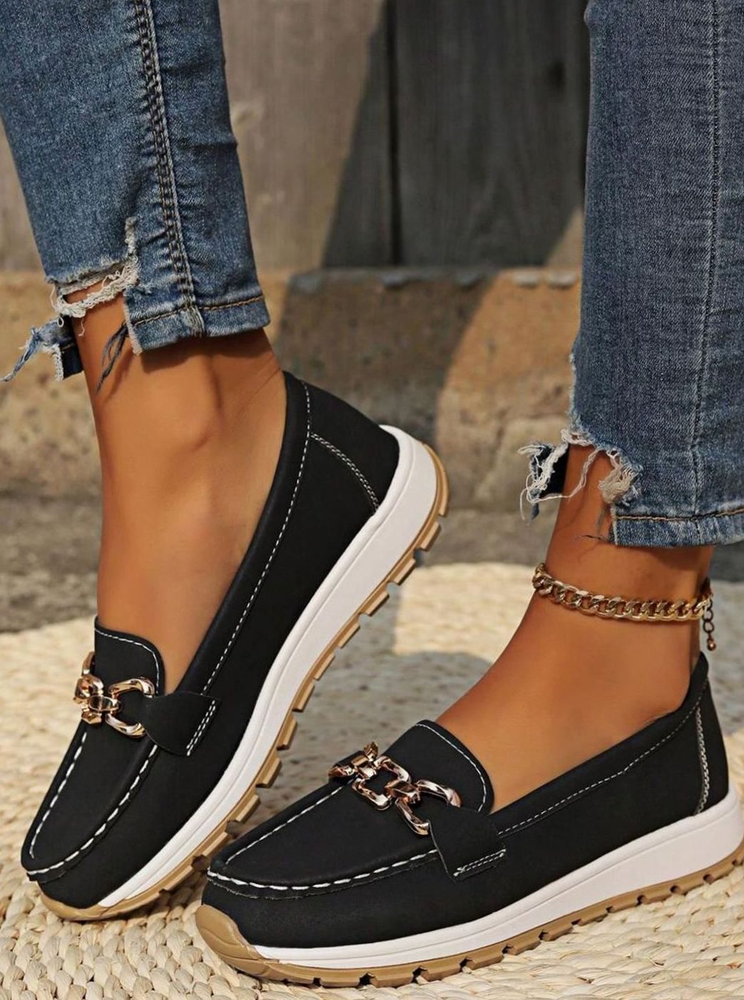 Women's Wide-Fit Orthopedic Loafers Gold-Buckle Non-Slip Rubber Sole