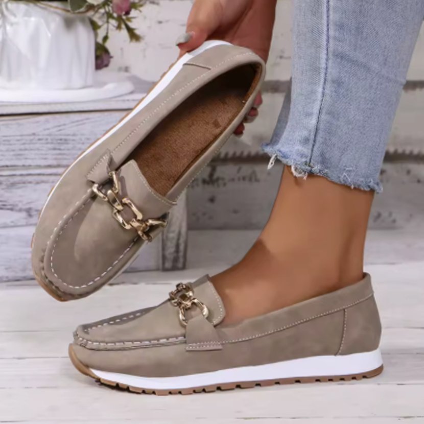 Women's Wide-Fit Orthopedic Loafers Gold-Buckle Non-Slip Rubber Sole - Grey