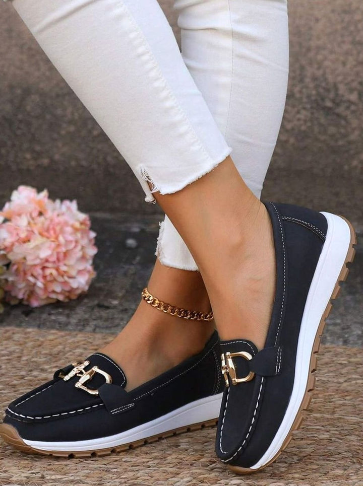 Women's Wide-Fit Orthopedic Loafers Gold-Buckle Non-Slip Rubber Sole - Black