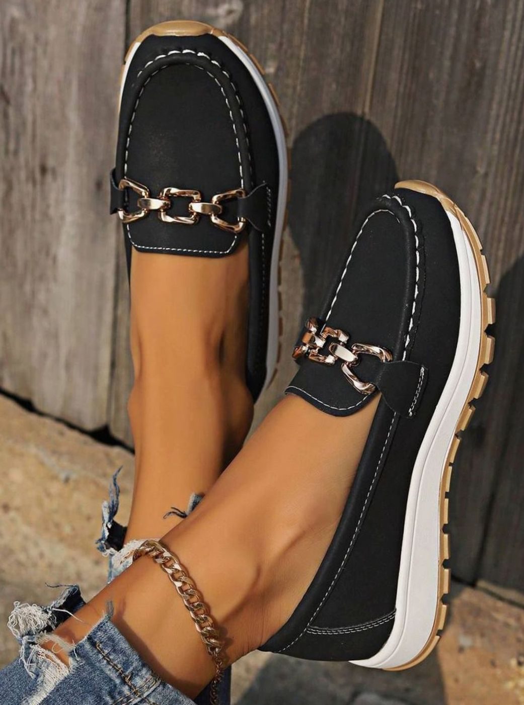 Women's Wide-Fit Orthopedic Loafers Gold-Buckle Non-Slip Rubber Sole