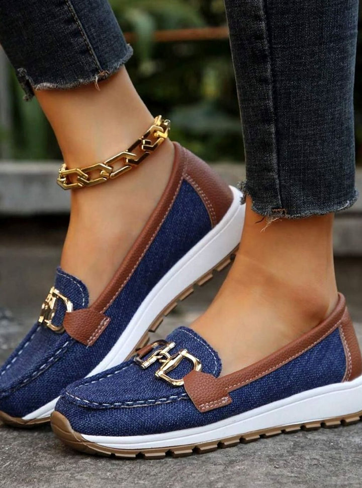 Women's Wide-Fit Orthopedic Loafers Gold-Buckle Non-Slip Rubber Sole - Navy