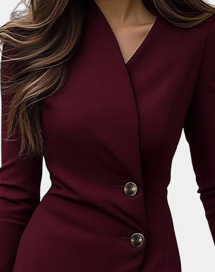 Women's Wrap-Style Long Sleeve Button-Detail Bodycon Midi Dress